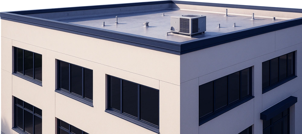Modern flat roof with new membrane and rooftop unit.